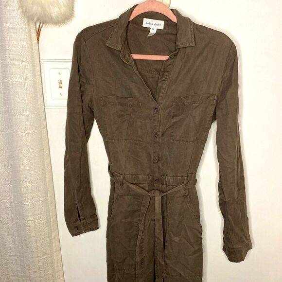 𝅺🌷 Bella Dahl🌷Soft Long Button Up Tie Waist Jumpsuit Romper Khaki Green - Picture 3 of 10